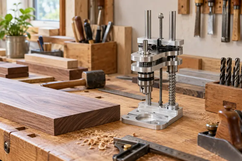 Vertical Drill Guide — Crowded Bench Setup