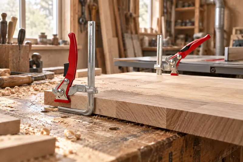 Ratcheting Table Clamp — Dusty Workshop Setup