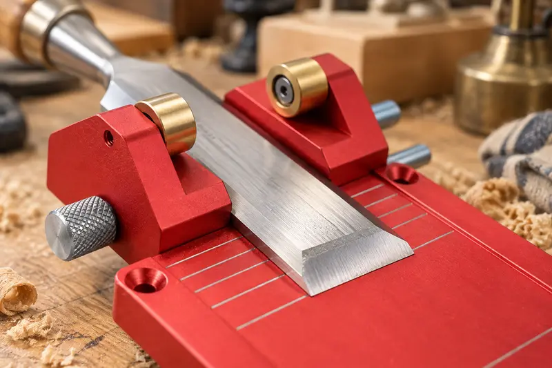 Honing Guide with Angle Gauge — Crowded Bench Setup