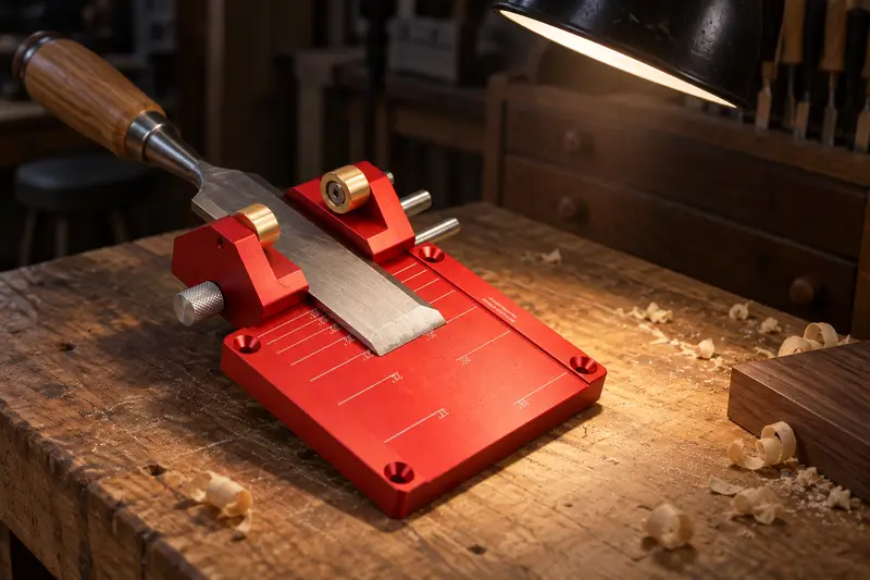 Honing Guide with Angle Gauge — Low-Light Angle Check