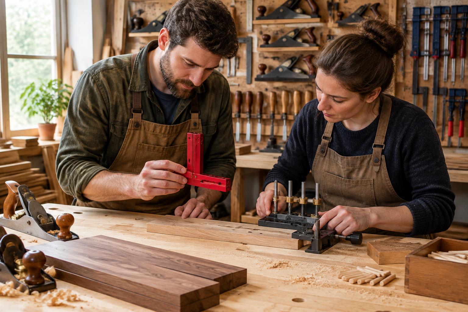 Woodworkers reviewing jigs, rulers and clamps on a workshop bench